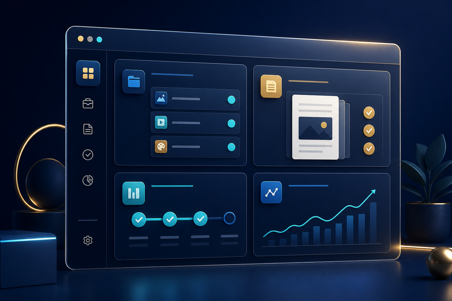 Illustration of the IMPK Your Office dashboard showing projects, approvals, delivery progress, and results